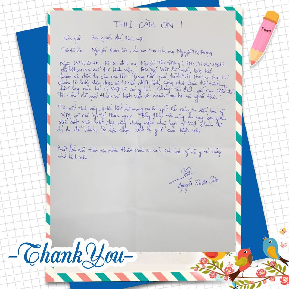 Bức thư cảm ơn đầy xúc động của gia đình bệnh nhân gửi tới bác sĩ Vương Quốc Việt - Bệnh viện đa khoa TTH Vinh